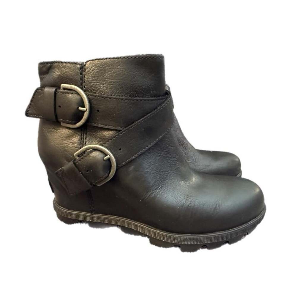 Sorel Joan of Arctic Wedge II Buckle Black Leather Boot Waterproof Women sz 6.5